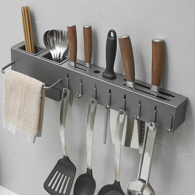 Pistola gris acero inoxidable portaherramientas jaula de palillos estante de cocina integrado almacenamiento de cuchillos tubo de palillos punzonado montado en la pared