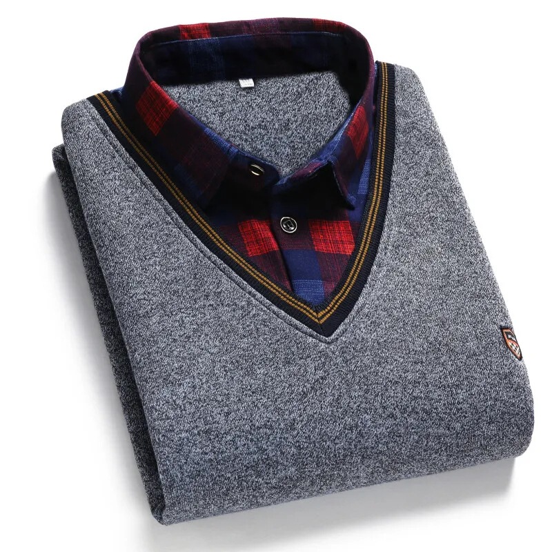 2021 Spring New Men's Fake Two-Piece Shirt Collar Sweater Men's Middle-Aged and Elderly Llip Base Knitwear