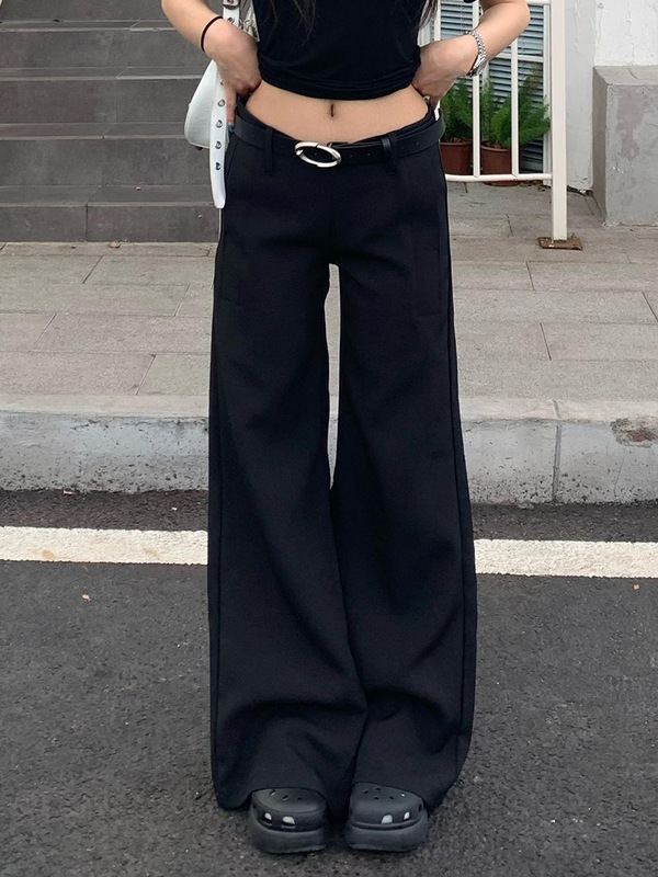 橘子树在哪儿黑色低腰休闲喇叭西装裤女春季高级感垂感宽松拖地裤|undefined