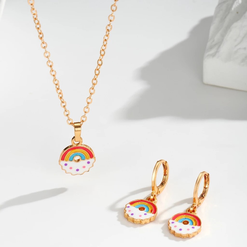 Transfronterizos lindos dibujos animados goteo de aceite colorido oso princesa Kitty gato pendientes collar para niños regalos juegos de joyas