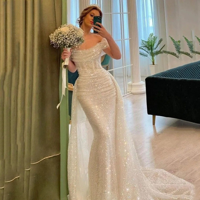 off-shoulder waist slimming fishtail beaded sparkling ball gown wedding dress two-piece detachable wedding dress