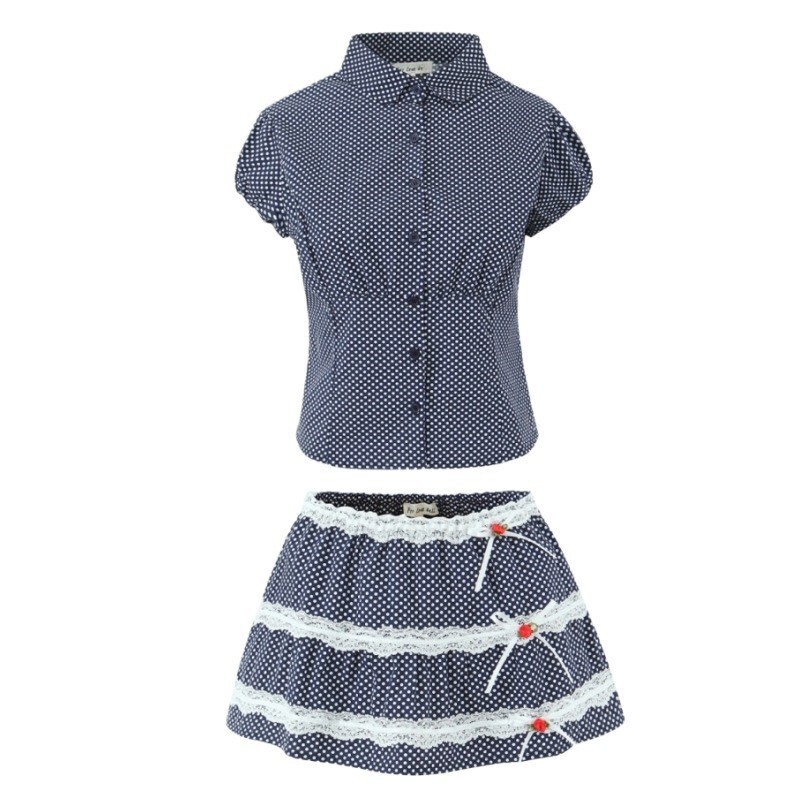 Vietnamese Retro Lapel Single-Breasted Puff Sleeve Blouse Top for Women with Elastic Lace Trim and Matching Skirt Set