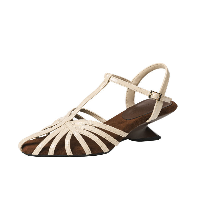 Giày sandal La Mã nữ quai ngang dệt phối gót xuồng mũi nhọn khoét hở gót — Màu be, Màu đỏ rượu