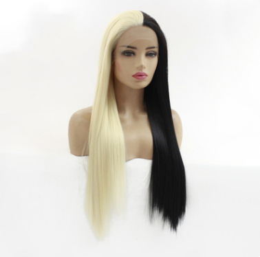 Damas europeas y estadounidenses peluca bicolor blanco y negro empalmado peluca larga recta fibra química frente encaje LW0016