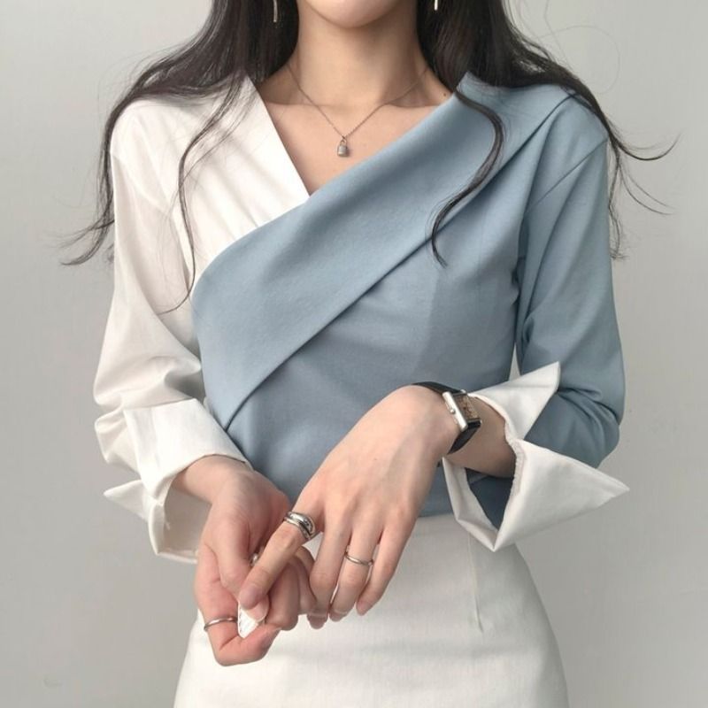 Korean Autumn Age-Reducing Retro Temperament Splicing Contrasting Color Niche Design Bottoming Shirt Off-Shoulder Top for Women