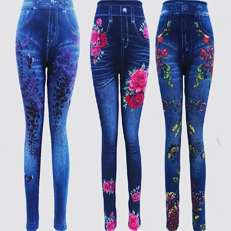 New autumn and winter fleece-lined/non-fleece-lined printed faux denim leggings for women, high-elasticity pencil pants New autumn and winter fleece-lined/non-fleece-lined printed faux denim leggings for women, high-elasticity pencil pants