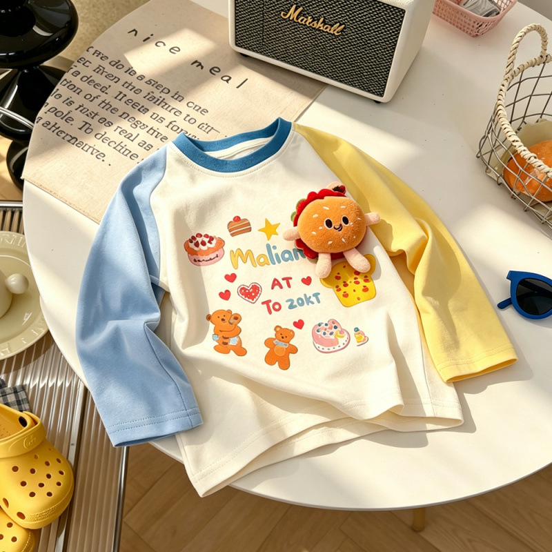 Color-blocked cartoon 3D hamburger bear print long-sleeved T-shirt, autumn Korean style casual versatile round neck children's top
