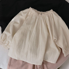 2023 Spring and Autumn New Girls' Children's Shirt Cotton Linen Children's Doll Shirt Lace Baby Top Loose Stylish 0099