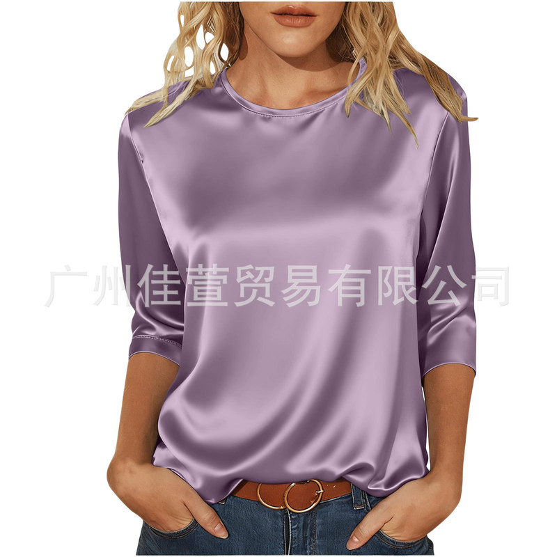 Women's Spring and Summer Satin Three-Quarter Sleeve Round Neck Solid Color Pullover Top