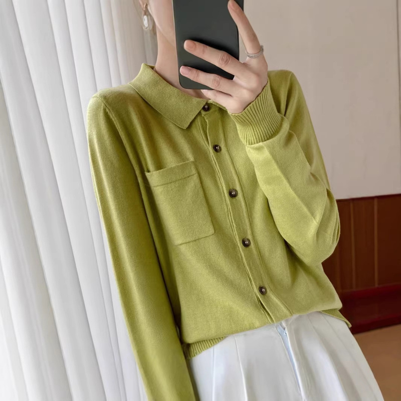 2025 New Autum Imitation Wool Cardigan Jacket Knitwear Women's Thin Polo Collar Long-Sleeved Top Outer Wear for Women