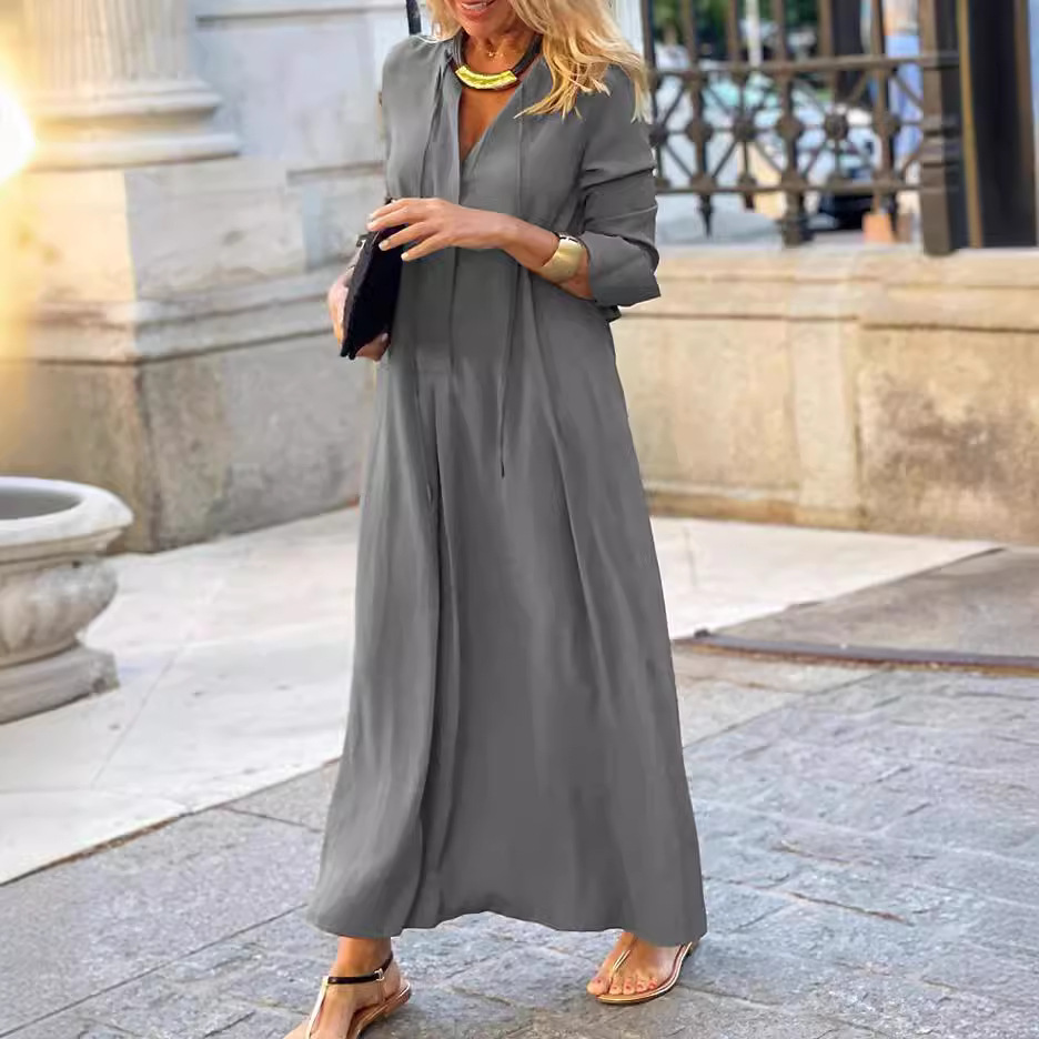 2022 European And American Cross-border New Style Large Hem Dress, Solid Color, Turn-down Collar, Sleeve, Simple Casual_ecoleips.com