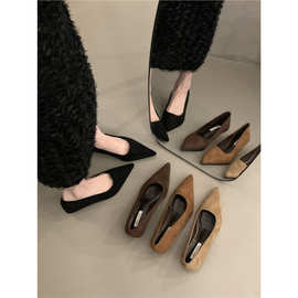 低跟尖头单鞋女鞋2025年春秋新款细跟不累脚绒面浅口通勤百搭瓢鞋