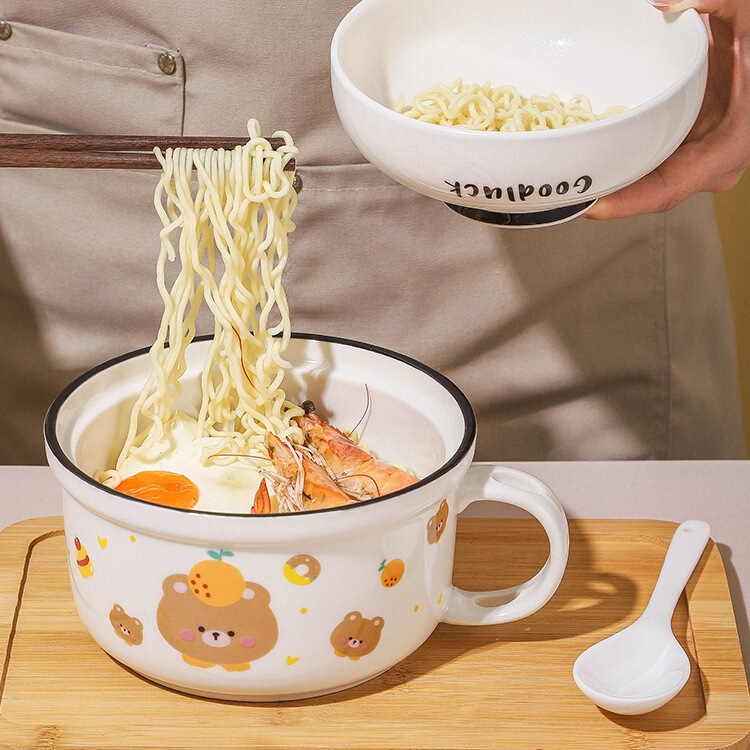 Ceramic Instant Noodle Bowl with Lid, Spoon with Handle, Office Worker's Personal Rice Bowl, Canteen Rice Soup Bowl, Bowl and Chopsticks Set