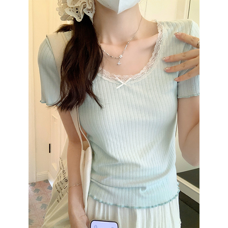 Ballet-Style Pure Desire Lace Trim U-Neck T-Shirt for Women, 2026 Summer New Vintage Short-Sleeve Rolled-Edge Base Shirt Top Ballet-Style Pure Desire Lace Trim U-Neck T-Shirt for Women, 2026 Summer New Vintage Short-Sleeve Rolled-Edge Base Shirt Top