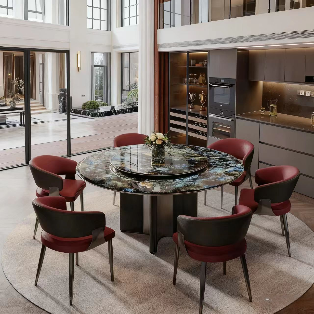 Light Luxury Blue Jade Natural Marble Round Dining Table with Turntable Classy Italian Simple Home Dining Table and Chair Set