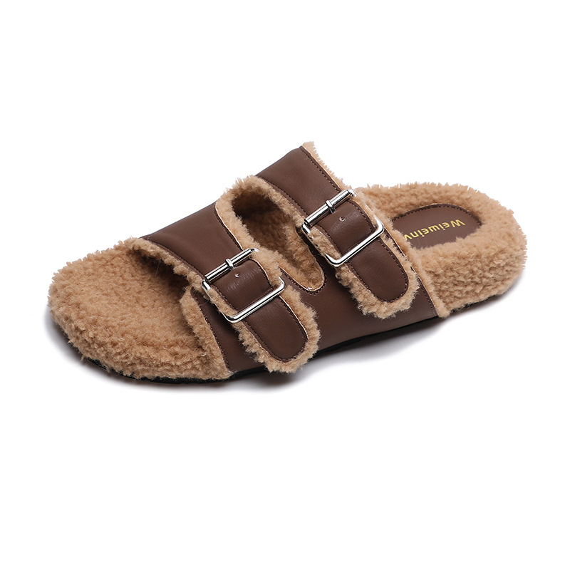 Meisje Bont Slippers Dames S Bovenkleding Herfst En Winter Een Woord Riem Plus Fleece Katoenen Schoenen Om Warm Te Houden Net Rood Groot Formaat_voghion.com