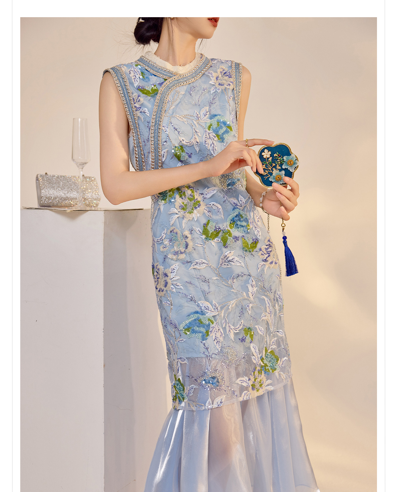 Váy sườn xám maxi thêu sequin phong cách Trung Quốc mới mùa hè N5042 — hồng, Xanh lam sông băng chi tiết 8