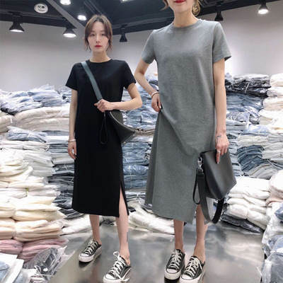 730 Summer Dress for Women - Casual, Abdominal Covering, Plus Size, Loose, Medium Long Length, Knee Covering, Base Layer with Slit, Short Sleeve Tunic Dress