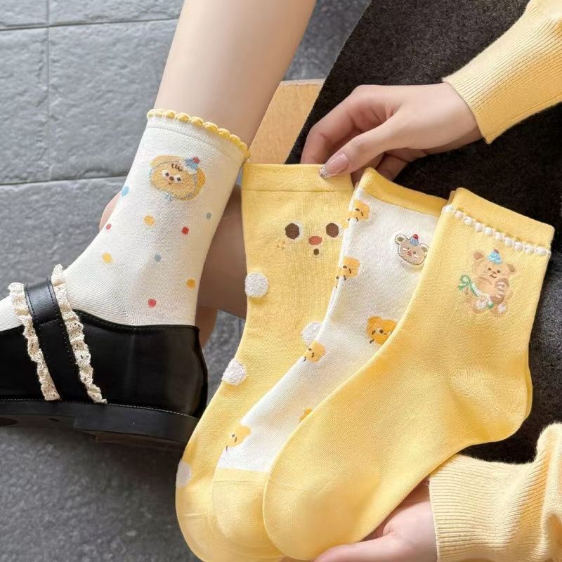 Spring and Autumn Butter New Cartoon Cute Yellow Bear Mid-Length Socks for Home and Outdoor Wear, Sweet, Thin, Breathable, for Girls and Students Spring and Autumn Butter New Cartoon Cute Yellow Bear Mid-Length Socks for Home and Outdoor Wear, Sweet, Thin, Breathable, for Girls and Students
