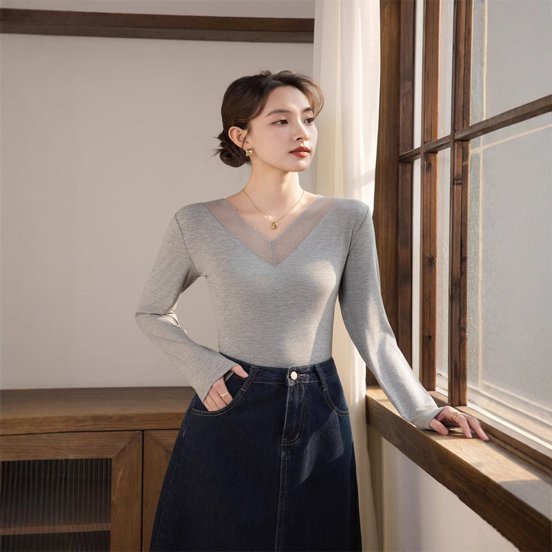 965 Early Spring and Autumn Long-Sleeved Bodysuit New Style V-Neck Mesh Lace Bottoming Shirt for Women to Wear Inside or Outside