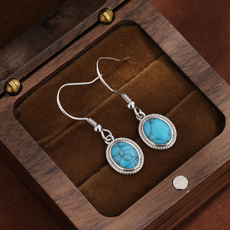 S925 plata esterlina geométrica ovalada pendientes turquesa pendientes retro bohemia europea y americana simple pendientes versátiles