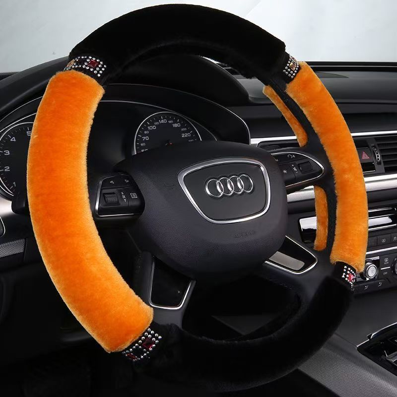 Winter Warm Plush Car Steering Wheel Cover, Luxury Model with Diamond Embellishments, Stylish Plush Car Handle Cover