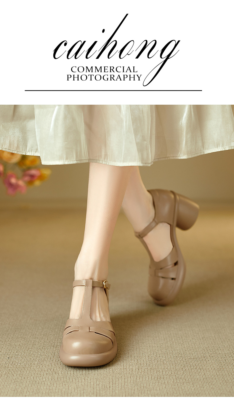 Sandal cao gót nữ mũi kín gót 7.5 cm phong cách vintage quai chữ T — màu nâu chi tiết 1