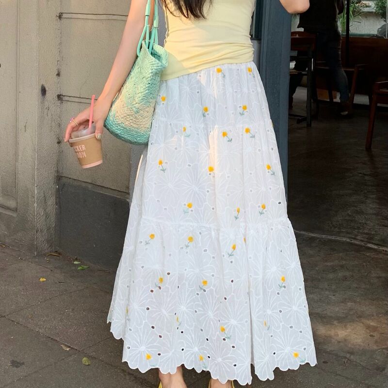 Embroidered High-Waisted Sweet and Gentle 2025 Summer New Floral Skirt Slimming Splicing Mid-Length Long Skirt