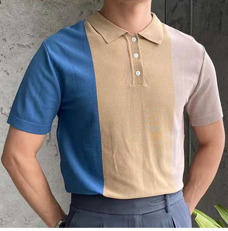 2024 New Men's Summer Contrast Spliced Men's Knitwear Short Sleeved Business Polo Shirt_voghion.com