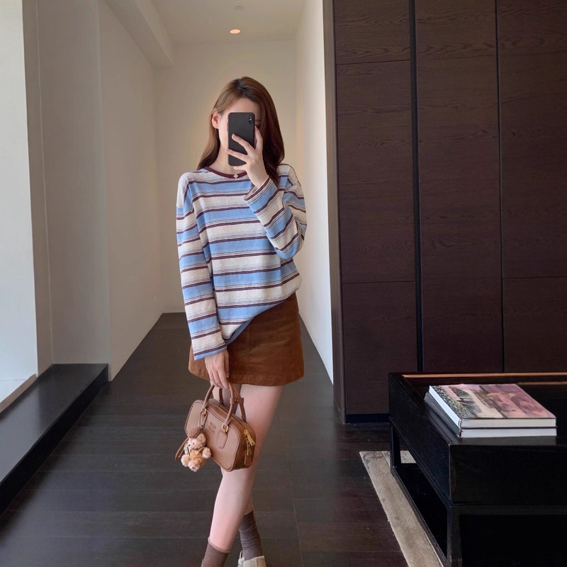 IG917氛围感 洋气感miu系条纹长袖T恤百搭显瘦打底衫女2025新|undefined