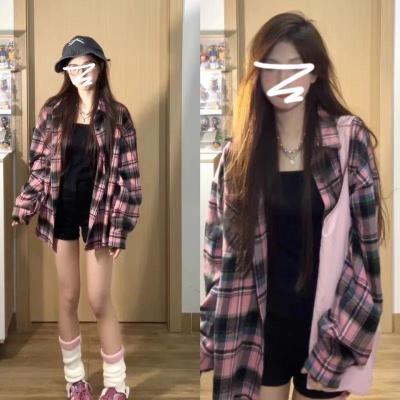 复古宽松慵懒风格子衬衫女早秋新品韩版休闲简约长袖外搭通勤小衫|undefined