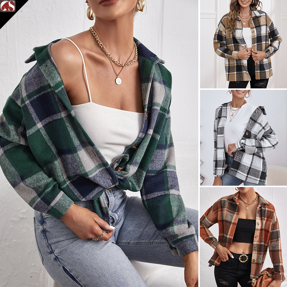 Abrigo de Lana a Cuadros para Mujer de Lana y Poliéster con Solapa y Botones para Otoño e Invierno image 1