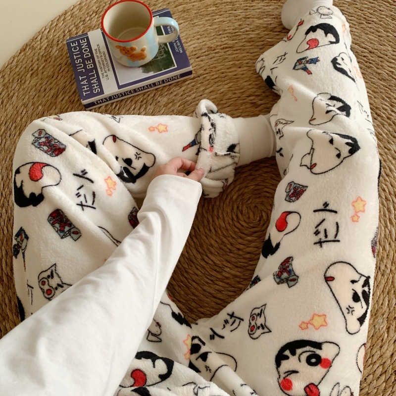 Pantalones de pijama de franela de dibujos animados de otoño y invierno para mujeres con pantalones de lana de coral caliente para estudiantes de lana de invierno para el hogar