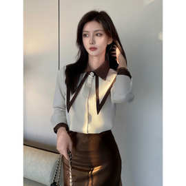 2025春装新款法式翻领拼接撞色长袖衬衫百搭休闲上衣女职业装