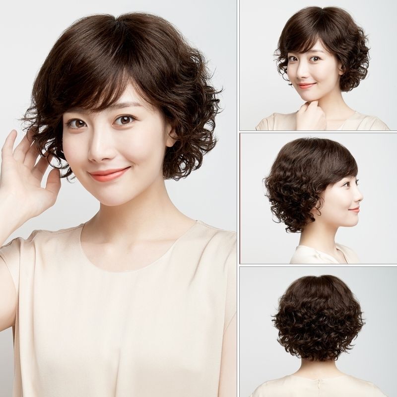 女性用ショートヘアウィッグ、本物の人毛、フルウィッグ、母親、女性、フルヘッドセット、中高年、ショートカールヘア、芸能人同型|undefined