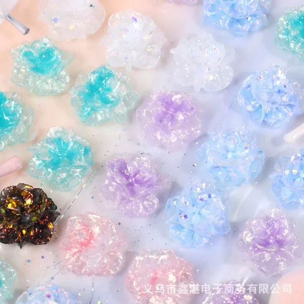 Gold-dusted hydrangea nail art accessories, rose resin DIY soft gel flower earrings, phone case, bracelet, and accessory components
