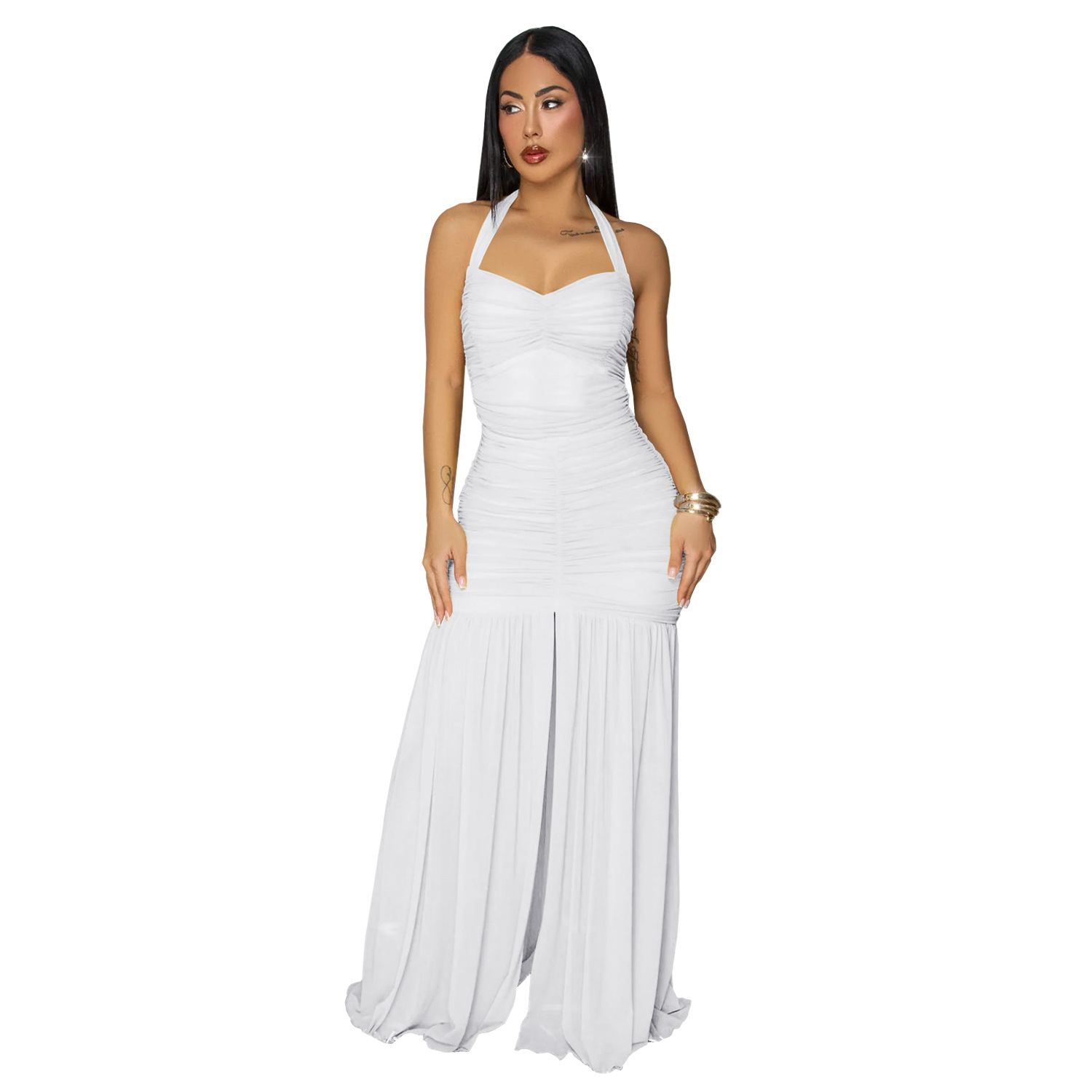 C7656 Aliexpress transfronterizo Amazon Europa y América de moda moda femenina elegante color sólido vestido de trasera abierta image 10