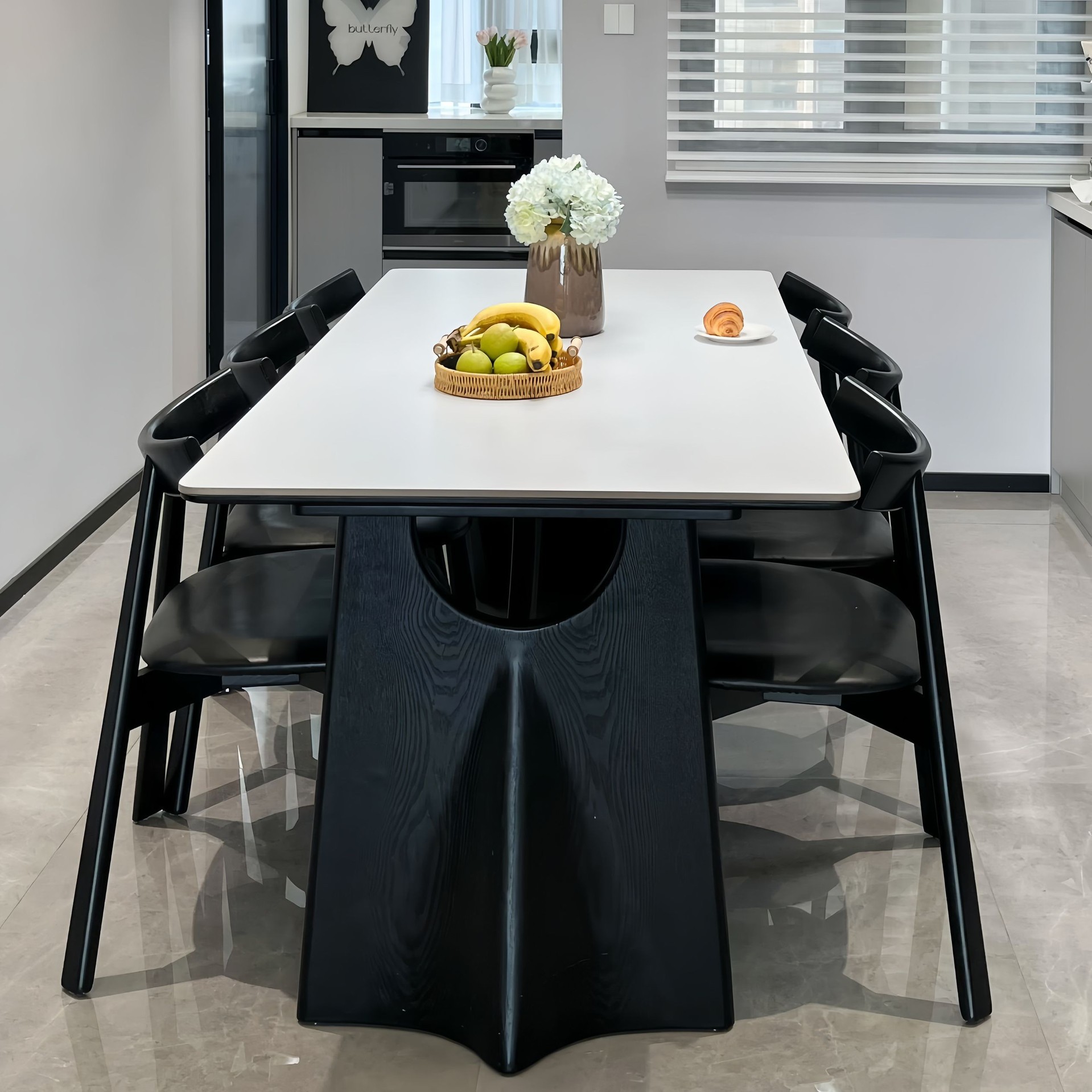 Italian Minimalist Slate Dining Table for Small Apartments, Modern Simple French Wabi-Sabi Style Rectangular Solid Wood Dining Table and Chairs