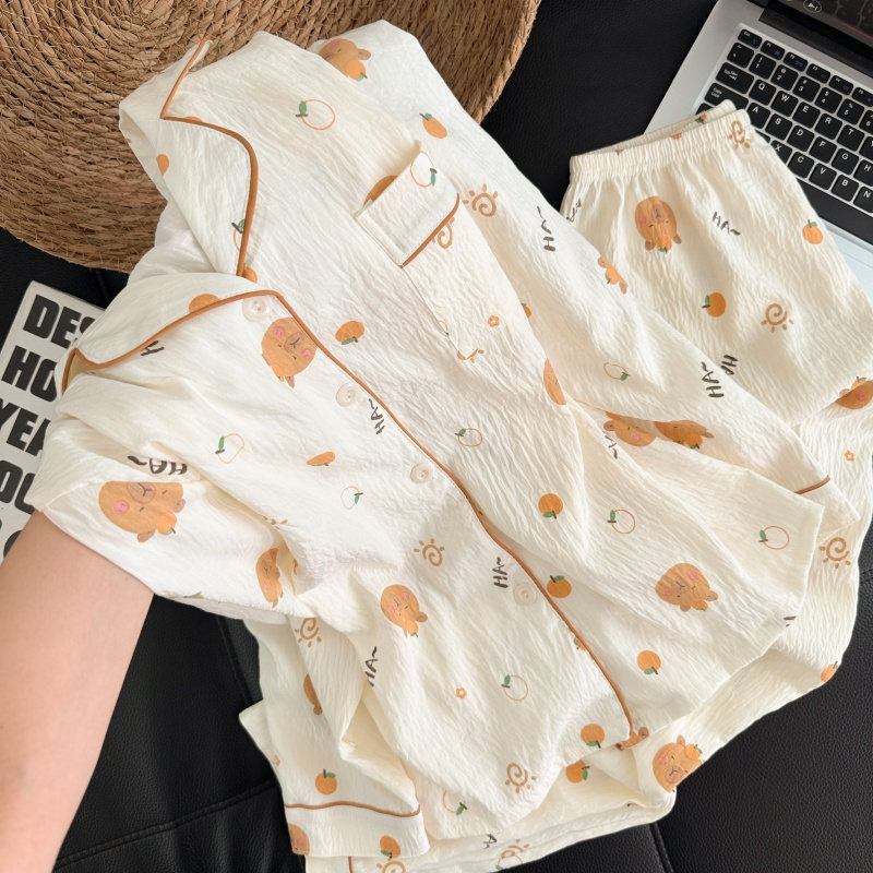 Al por mayor transfronterizo 2026 nuevo pijama de mujer nubes de algodón pantalones de manga larga cardigan con solapa de dibujos animados ropa para el hogar se puede usar fuera