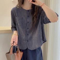 大码女装洋气格子短袖衬衫2025新款夏季别致漂亮遮肚小衫上衣