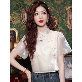 新中式短袖雪纺衬衫女士国风刺绣上衣夏2024新款欧根纱短款133#