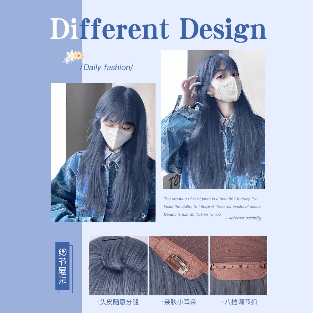 Koni lange, gemarkeerde blauwgrijze pruik voor dames - natuurlijk hoofdband met hoofdband stijl trendy lang steil haar nephaar pruik