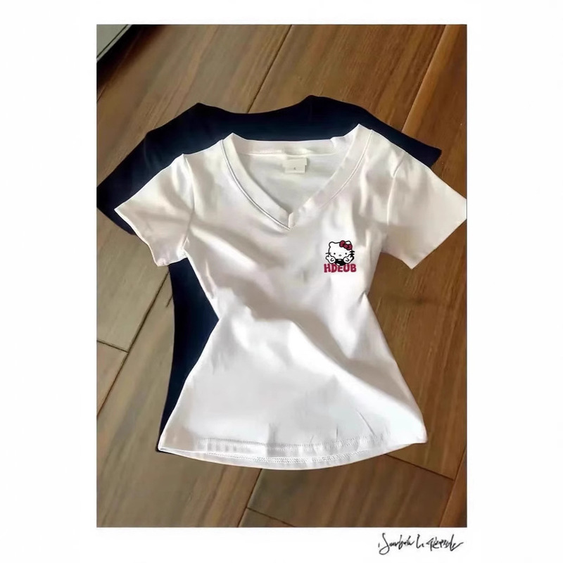 カレッジスタイルドーパミンイエローショルダー半袖レディース夏ウエストデザインkt猫スリムTシャツショートトップ|undefined