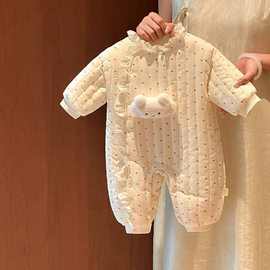 婴幼儿衣服韩版ins花边连体衣0-1岁宝宝秋冬新款洋气超萌保暖爬服