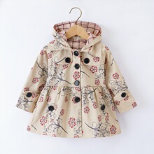 外贸春秋新款儿童英伦外套女童印花单排扣风衣中小童可拆帽外套