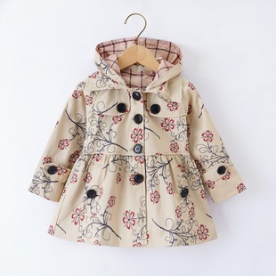 Foreign trade Spring and Autumn new children's British coat Girls' Printed single-breasted windbreaker children's detachable hat coat