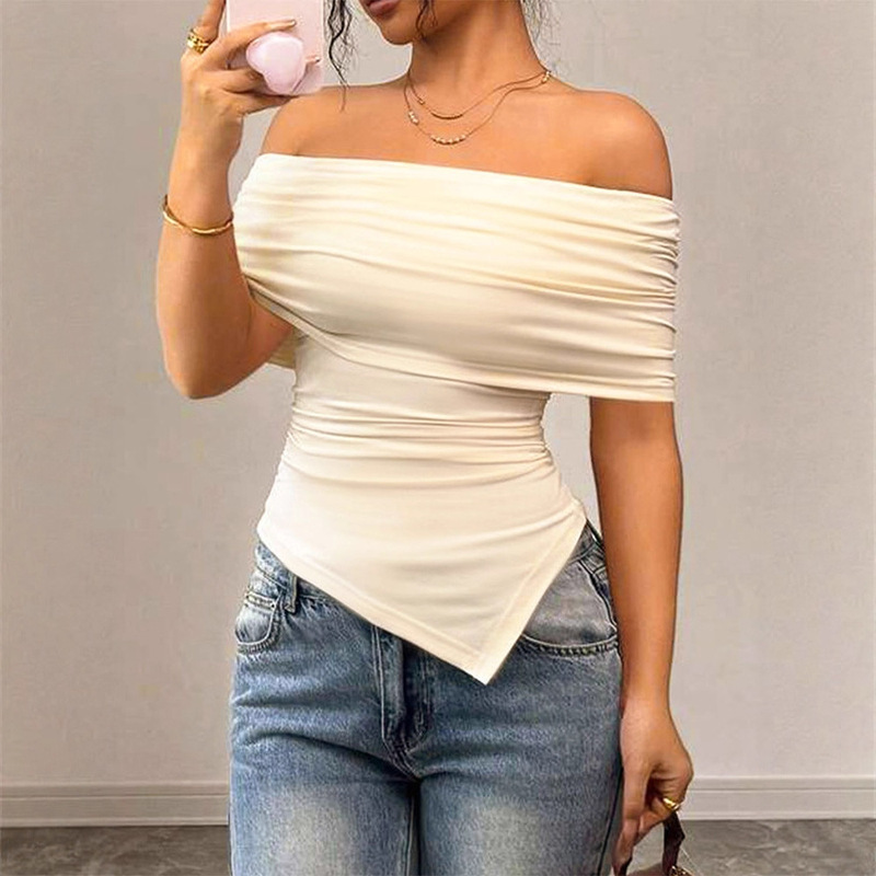 Ad241 Quality Model 2025 Summer Sweet and Spicy Style Private Wear Socialite Strapless Off-Shoulder Irregular Women's T-Shirt
