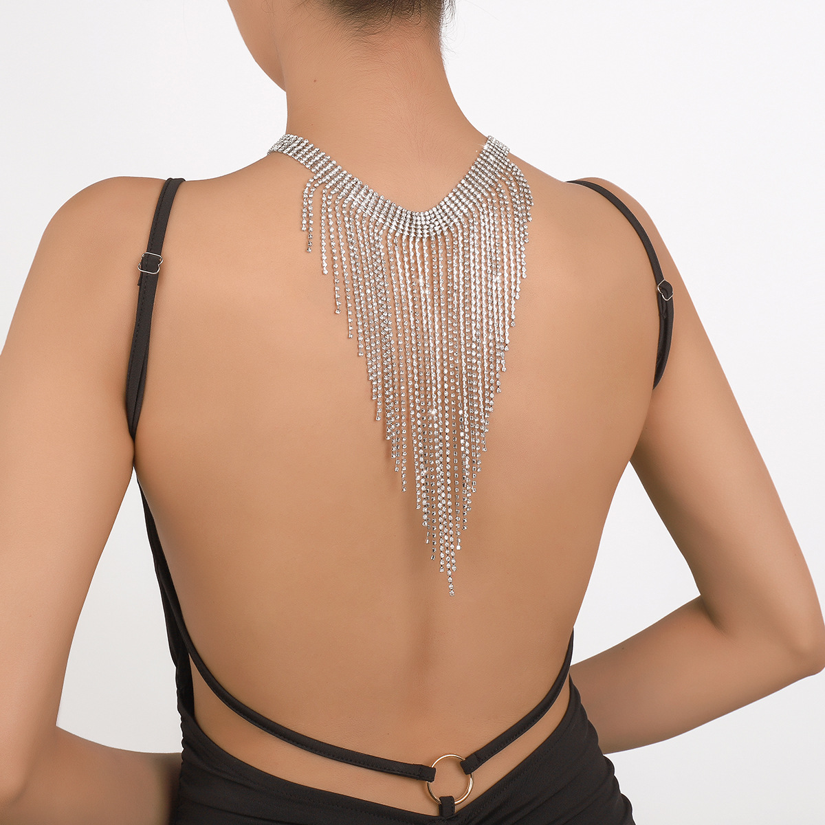 Rhinestone Tassel Back Necklace Luxury Statement Retro Chain_voghion.com