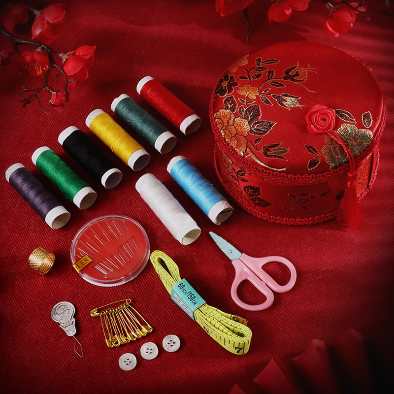 Caja de aguja de boda, set de dote de mujer, aguja doméstica portátil rojo festivo, almacenamiento de artículos de boda