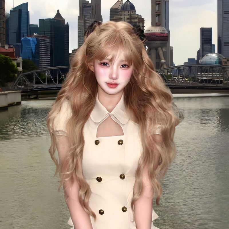 Women's wig in champagne gold, similar to Xiao Yuan's, bounty hunter style, golden long curly hair, egg roll lolita water ripple full headpiece